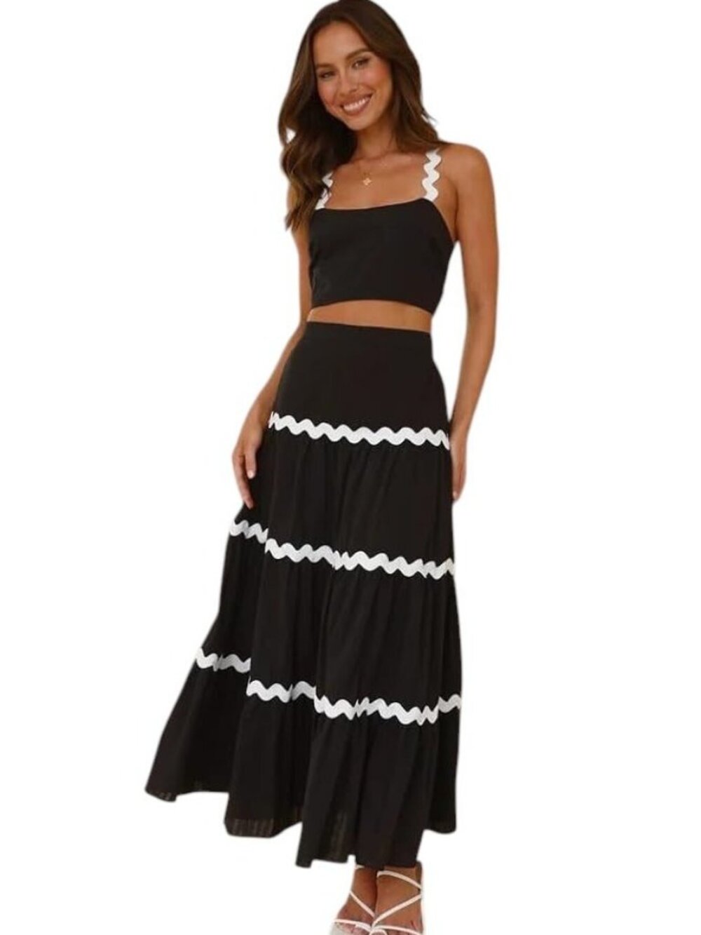 PrettyGarden Black White Resort Maxi Skirt Set S NWT